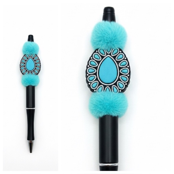 OOAK Western Artisan Pen , Refill & Bag | Turquoise Furry Pom | Real Touch Charm - Picture 5 of 8